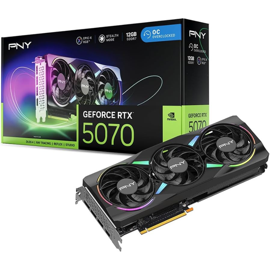 PNY GeForce RTX 5070 graphics card with packaging on a white background