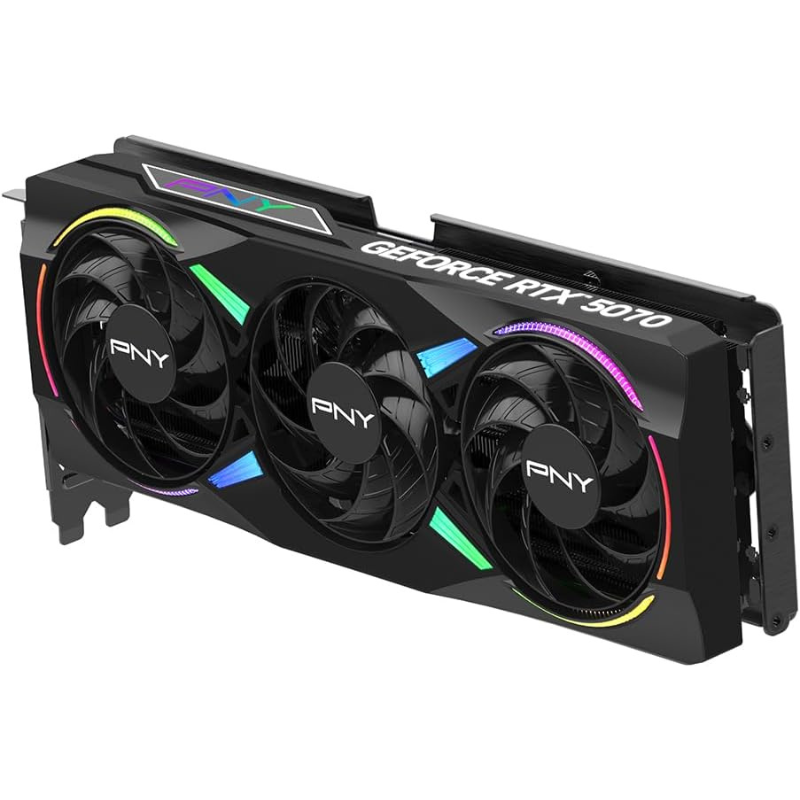 PNY GeForce RTX 5070 graphics card with RGB lighting on a white background