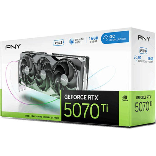 PNY GeForce RTX 5070 Ti graphics card packaging on a white background