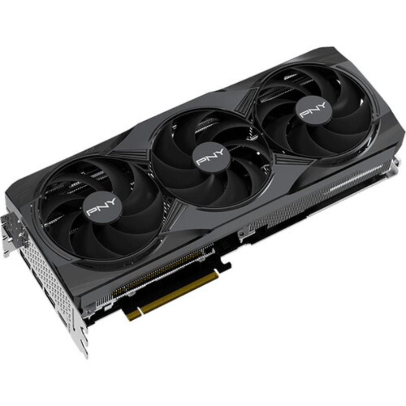 GPU with four fans and PNY branding on a white background