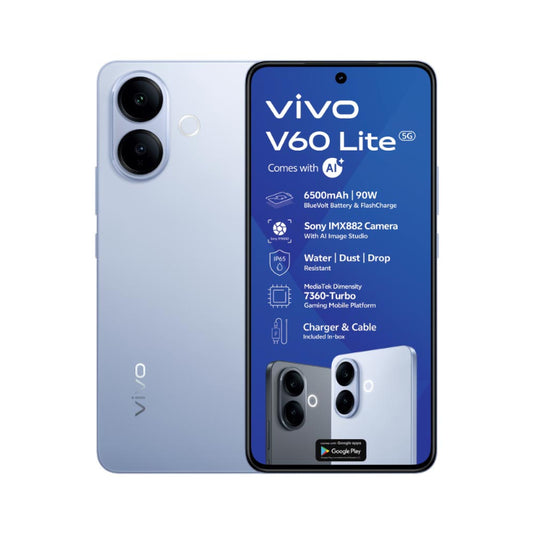 vivo V60 Lite smartphone with specifications on a white background