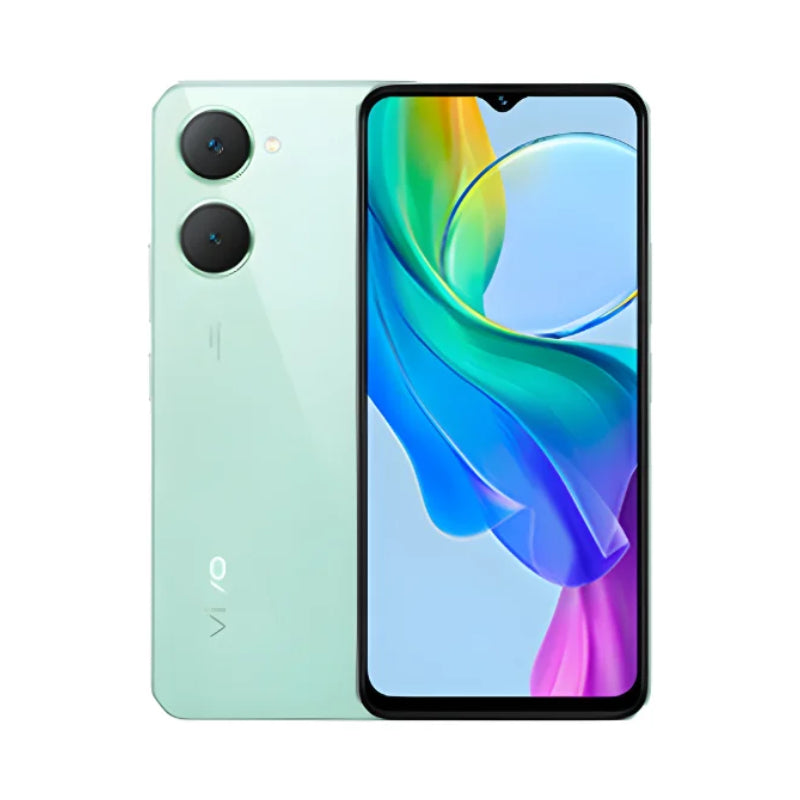 Smartphone with a colorful display and green back on a white background