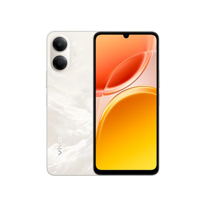Vivo Smartphone with white marbled back and colorful front display on a white background