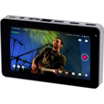 Portable YoloLiv YoloBox Mini Live Streaming Encoder displaying a person playing guitar.