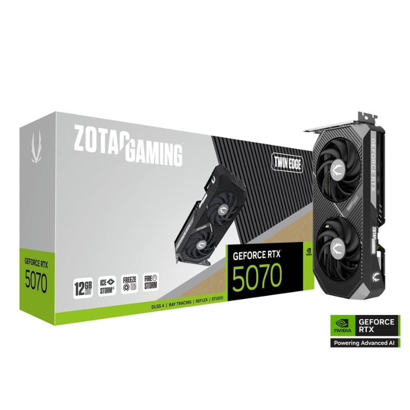 ZOTAC Gaming GeForce RTX 5070 graphics card packaging on a white background