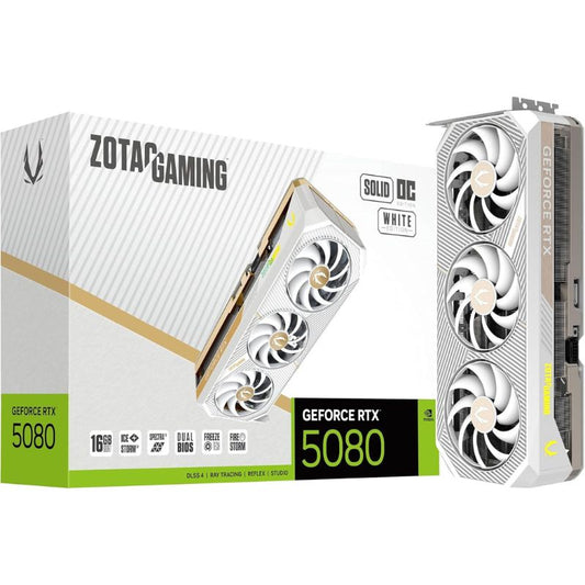 ZOTAC Gaming GeForce RTX 5080 graphics card and packaging on a white background