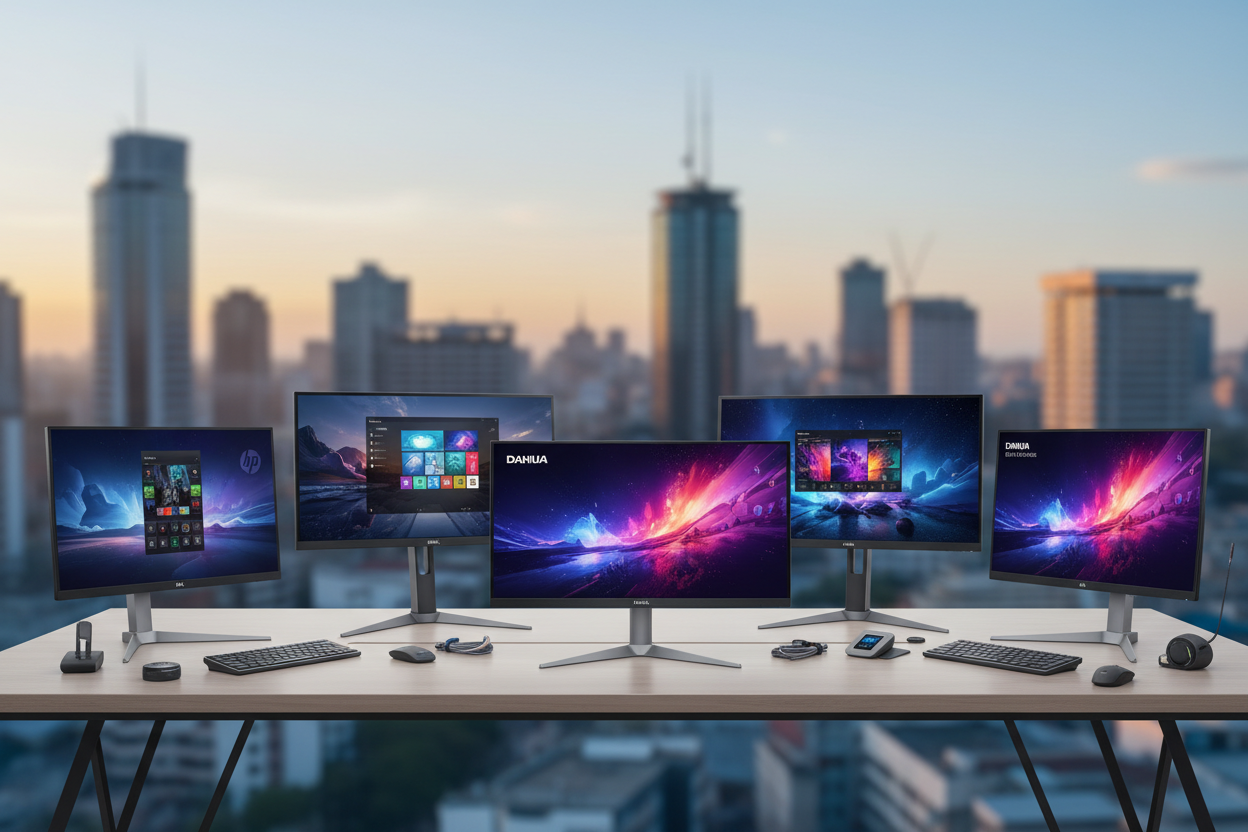 Multiple computer monitors on a desk with a cityscape background