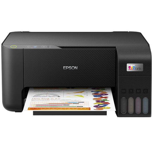 Epson  l3210 printer with a colorful document being printed on a white background

