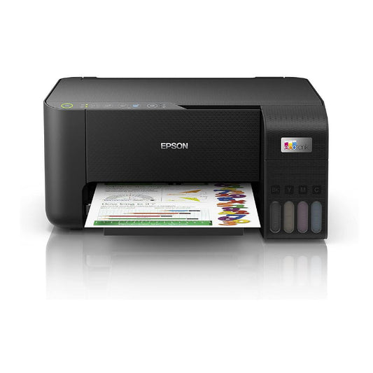 Epson l3250 printer with a colorful document on a white background

