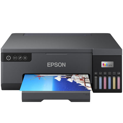 Epson L8050 EcoTank photo printer front view with paper tray open

