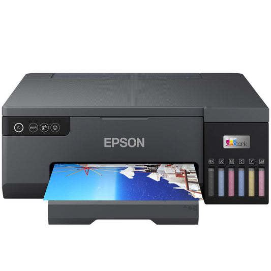 Epson L8050 EcoTank photo printer front view with paper tray open

