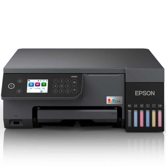 Epson L8100 photo printer front view with touchscreen panel

