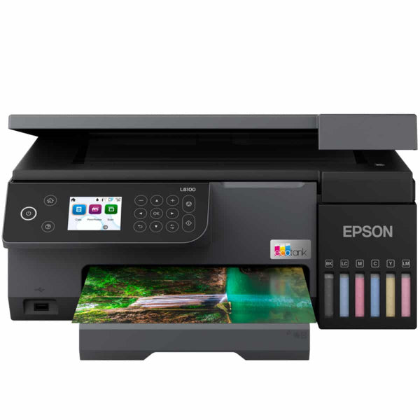 Epson L8100 paper output tray extended with printed image

