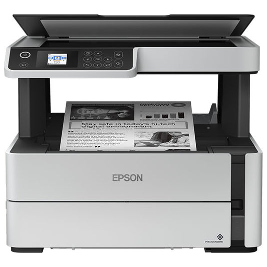 Epson M2140 EcoTank monochrome printer front view on a white background


