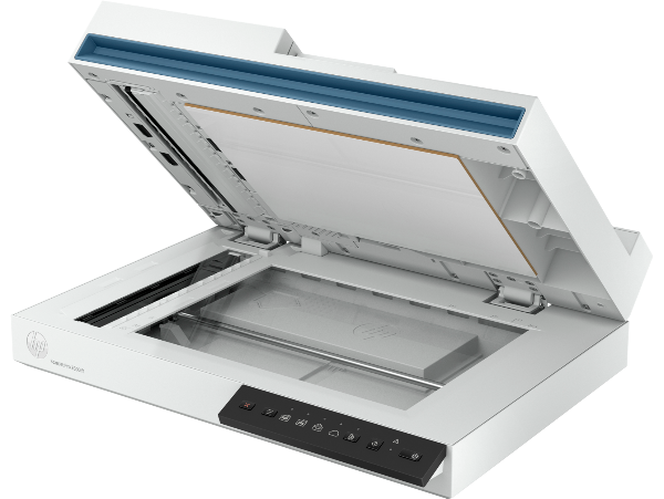 HP 2600f1 ScanJet Pro with open lid on a white background

