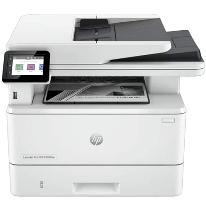 HP 4103fdw LaserJet Pro printer front view with paper tray

