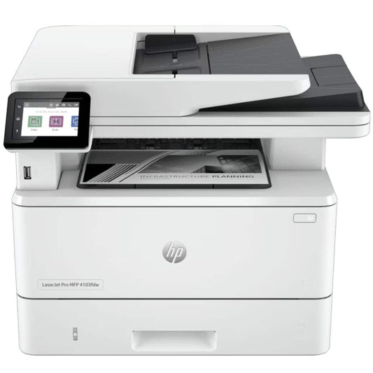 HP 4103fdw LaserJet Pro printer front view with paper tray

