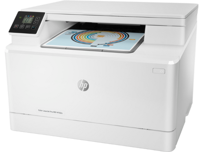 HP M182N color laser printer on a white background

