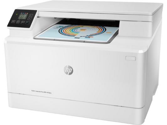 HP M182N color laser printer on a white background

