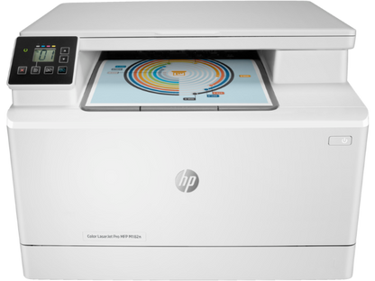 HP m182n color laser printer with a printed document on a white background

