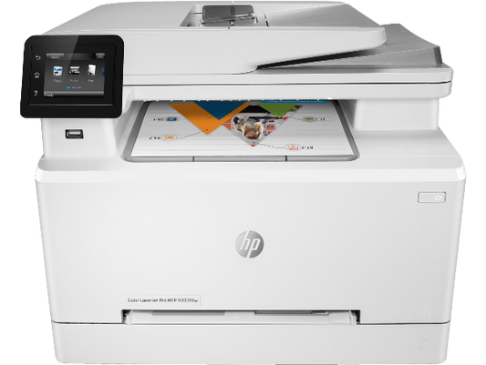 HP Color LaserJet Pro MFP M283fdw front view with touchscreen panel

