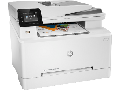 HP M283fdw close-up of control panel and touch interface

