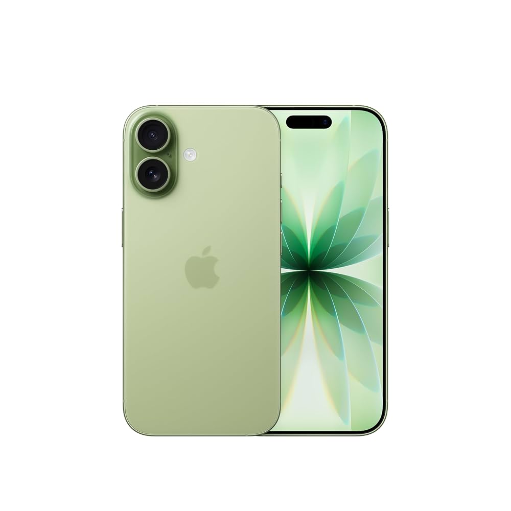 Green smartphone showing back and front views on a white background