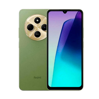 Green Redmi smartphone showing front and back on a white background


