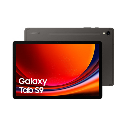 Samsung Galaxy Tab S9 tablet with colorful display on a white background