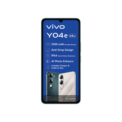 vivo YO4e smartphone packaging with specifications on a white background