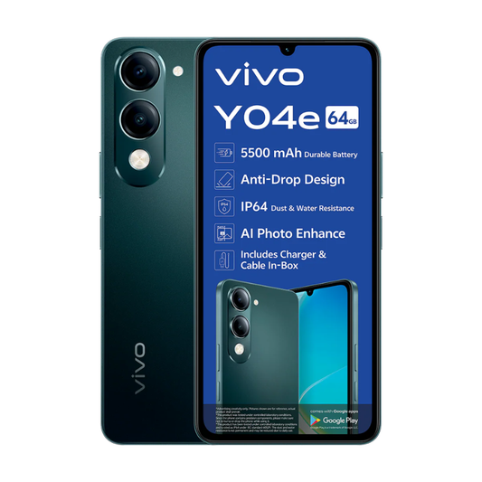 vivo YO4e smartphone with specifications on a white background