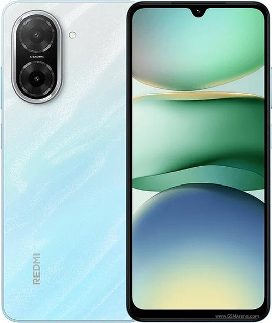 Redmi A5 with gradient design on back and screen, featuring Redmi branding.

